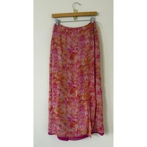 Vtg Y2K Floral Silk Wrap Maxi Skirt Pink Orange Botanical Print Side Tie Boho 6